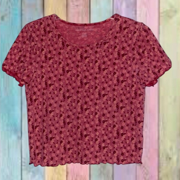 American Eagle Outfitters Tops - American Eagle Berry Pink Lettuce Trim Floral Top NWOT
